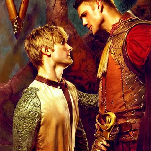 Image similar to attractive arthur pendragon with attractive male merlin the mage. they are in love. highly detailed painting by gaston bussiere, craig mullins, j. c. leyendecker