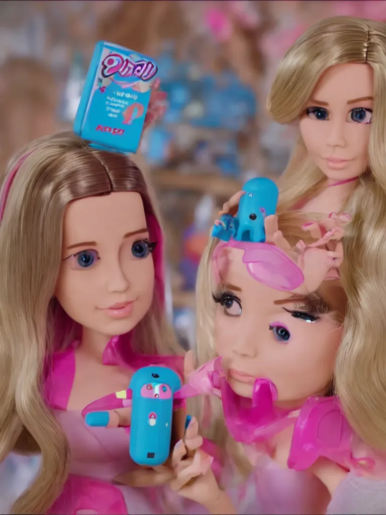 Prompt: still from a commercial for the beautiful new female android barby doll, toy product by mattel, kids toy, advertisement, the future is weird