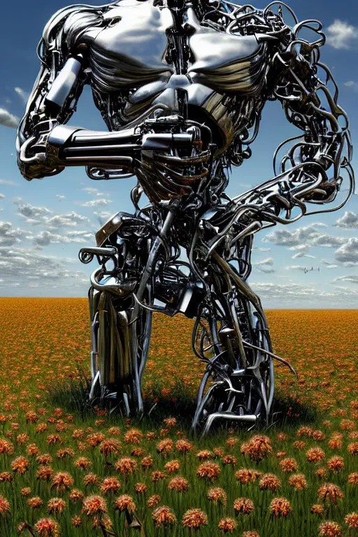 Image similar to destroyed combat terminator lying in a field of flowers, twisted metal, chrome, reflections, earth, terrible, anthropomorphic, photorealism, smoke, metal, 8 k, surreal, wires, wild flowers, greenery, top view, extremely detailed, ultra - realism, cinematic light, epic, art by jeff koons, artgerm and greg rutkowski