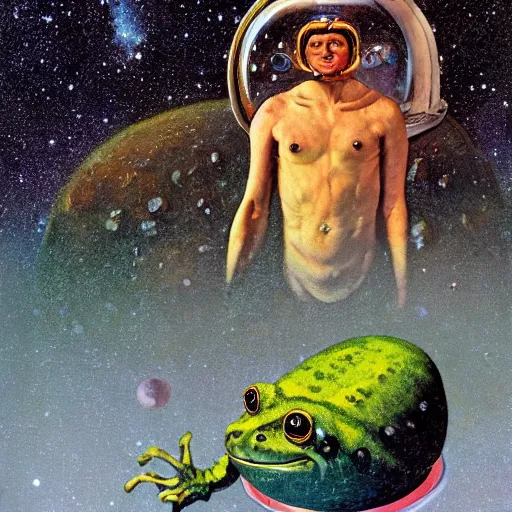 Prompt: photoreal, full body portrait of an amphibian beast in a space helmet on a rocky planet, nebula milky way background, by norman rockwell and boris vallejo, artstation, concept character art