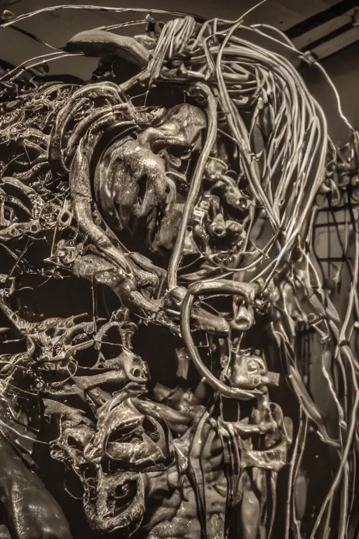 Image similar to close up, inside a museum, a room where body parts are piece of arts at night, filth and grim, wires and strings, very detailed, ultra realistic photography, grainy image, 50mm lens,