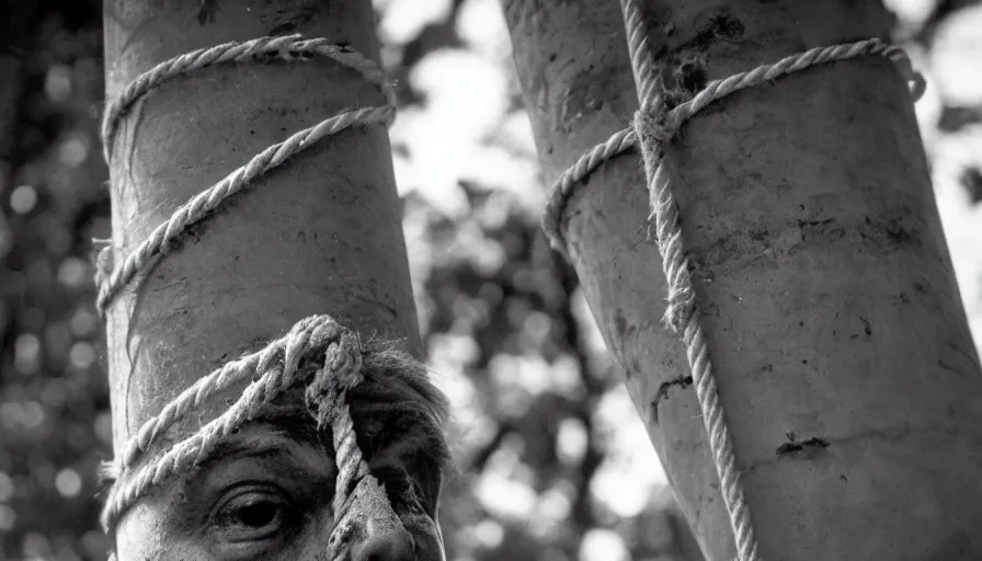 Image similar to 1 9 7 0 s movie still close - up of marcus atilius regulus'face tied with ropes at a pole with forced - open bleeding eyes looking at the burning sun, cinestill 8 0 0 t 3 5 mm b & w, high quality, heavy grain, high detail, texture, dramatic light, anamorphic, hyperrealistic, detailed hair