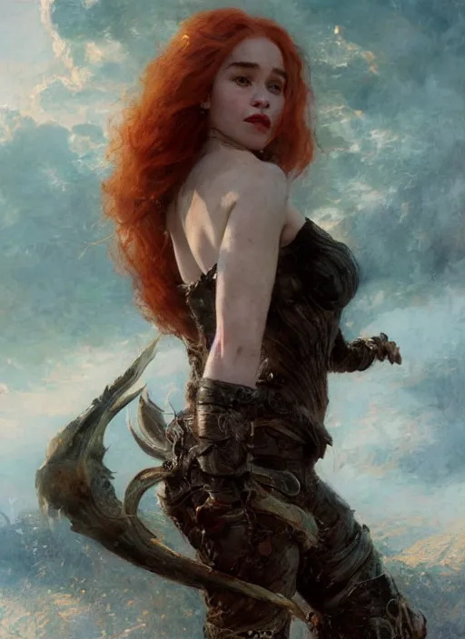 Image similar to mischievous redhead emilia clarke, staring happy and seductivelly, fully clothed, detailed, by gaston bussiere, bayard wu, greg rutkowski, giger, maxim verehin, greg rutkowski, masterpiece, sharp focus, cinematic lightning