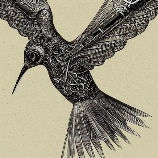 Image similar to very technical and detailed robot hummingbird, Center Frame, intricate details, ultra-detailed, baroque style, illustration, desaturated, concept art