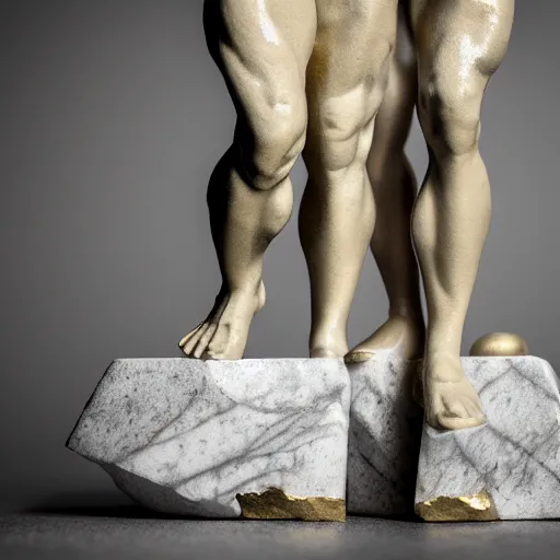 Image similar to stunning close up photograph of marble sculpture of strong masculine man's legs made of marble. Sculpture is on top of fine gold base, masculine texture background, 40mm lens, shallow depth of field, split lighting