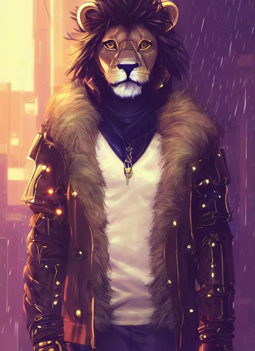 Image similar to award winning beautiful portrait commission of a male furry anthro lion fursona with a tail and a cute beautiful attractive detailed furry face wearing stylish black and gold cyberpunk clothes in a cyberpunk city at night while it rains. Character design by charlie bowater, ross tran, artgerm, and makoto shinkai, detailed, inked, western comic book art