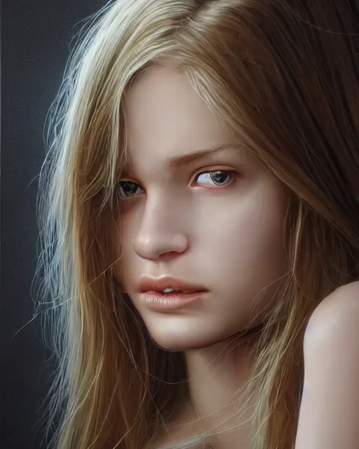 Image similar to portrait of 1 6 - year - old woman with dirty blonde hair down to her waist, pale eyebrows and protuberant silver eyes, wearing white shirt, hyper realistic face, beautiful eyes, character art, art by mark brooks, hyperdetailed, cryengine, trending on artstation, digital art