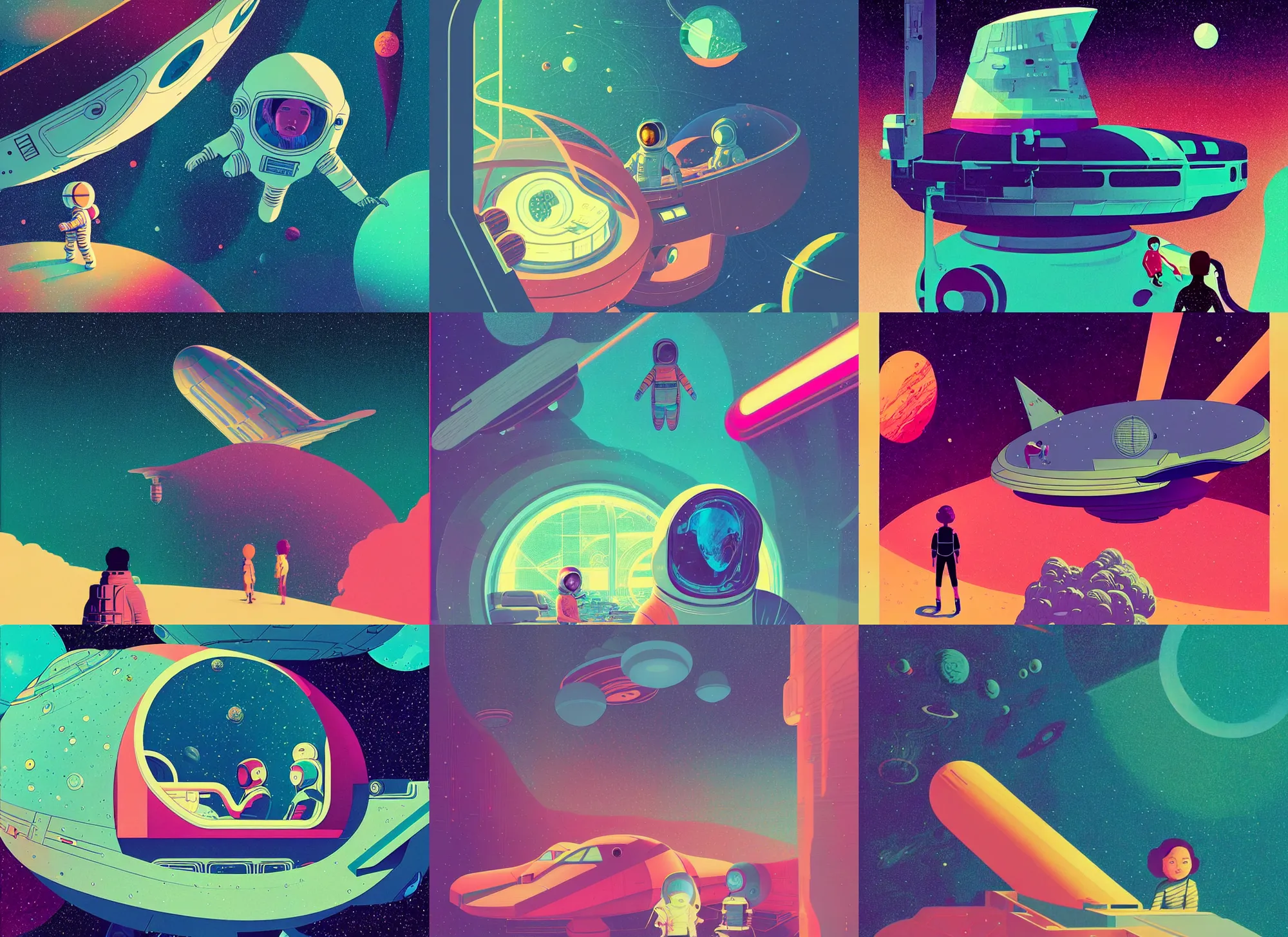 Prompt: ( ( strong dither ) ), editorial illustration interior portrait of space ship with a young astronaut girl, colorful modern, victo ngai, christopher balaskas, fine texture, dynamic composition, detailed, matte print, dynamic perspective, halftone texture, muted color, lomography
