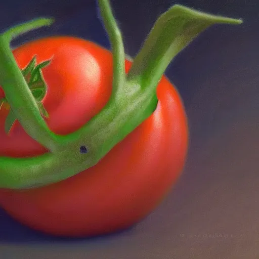 Prompt: a beautiful matte painting of a very beautiful tomato, by steve argyle and mark arian