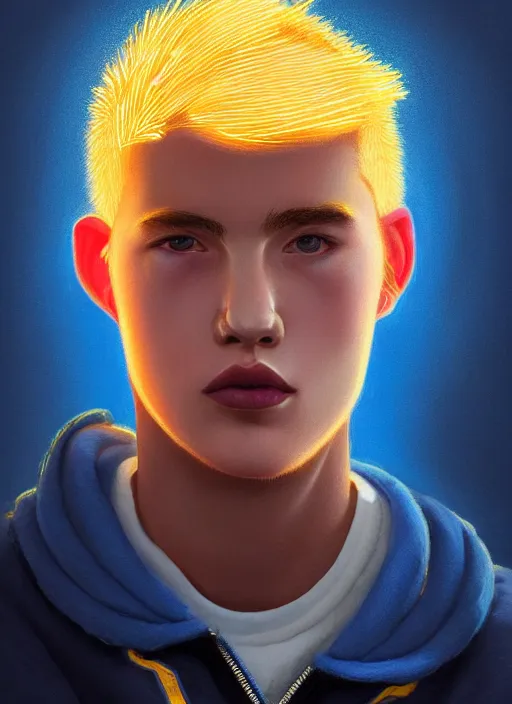 Image similar to portrait of high school senior boy named big moose, blonde short hair, jock, beefy, wide face, square jaw, square facial structure, blue varsity jacket with letter r, intricate, elegant, glowing lights, highly detailed, digital painting, artstation, concept art, sharp focus, illustration, art by wlop, mars ravelo and greg rutkowski