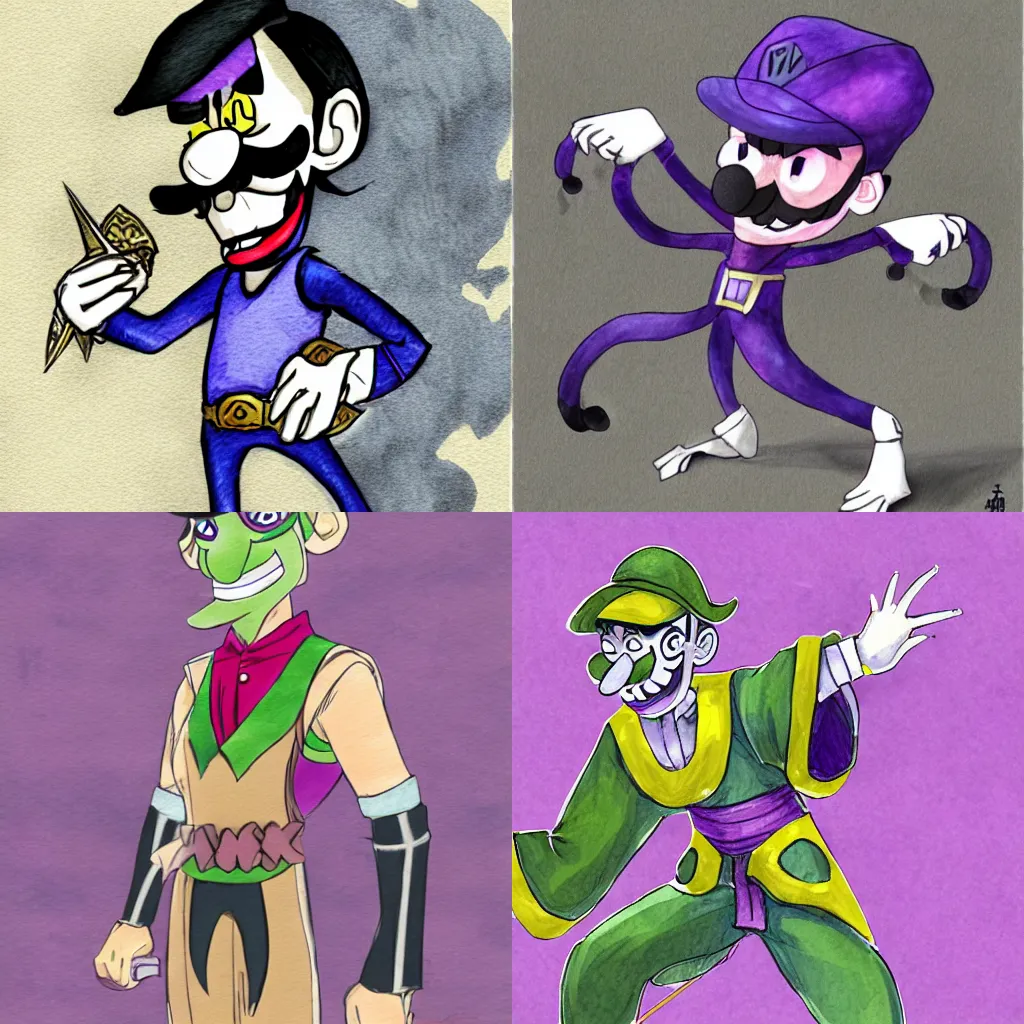 Prompt: waluigi as a character in a japanese fantasy RPG, concept art, full body illustration, water color