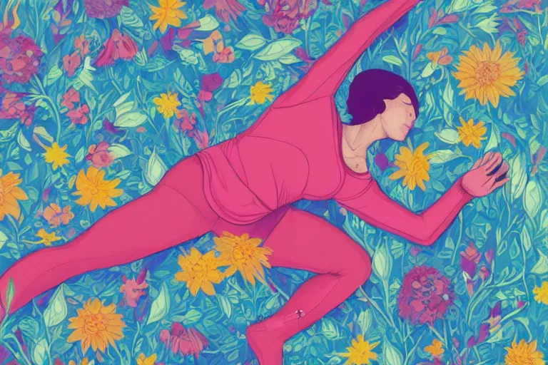 Prompt: a body doing yoga poses, top view, covered with flowers, art by Sachin Teng, beautiful lush colors