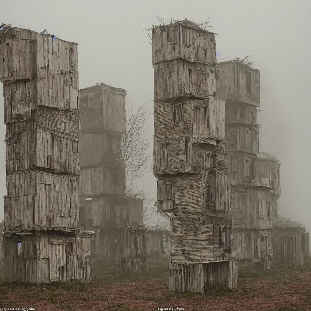 Image similar to two towers, made up of makeshift squatter shacks with pastel colours, uneven dense fog, dystopia, mamiya rb 6 7, fully frontal view, very detailed, photographed by jeanette hagglund