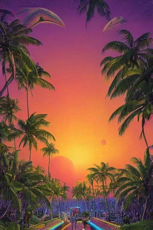 Image similar to a tropical paradise beach filled with palm trees and exotic flowers at sunset by paul lehr, detailed line drawing, intricate, hd, digital art, complementing colors, detailed, illustration painting by alex gray, digital art, moebius