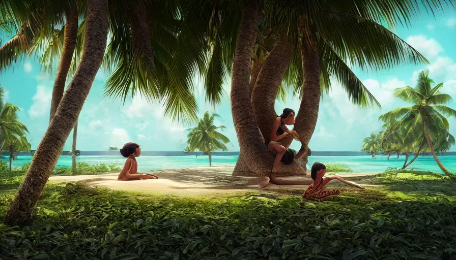 Image similar to very very small lakshadweep island, sitting on a gigantic coconut tree leaf by ilya kuvshinov, rtx rendering, octane render 1 2 8 k, maya, extreme high intricate details by tom bagshaw, medium shot, close up shot, composition by sana takeda, lighting by greg rutkowski