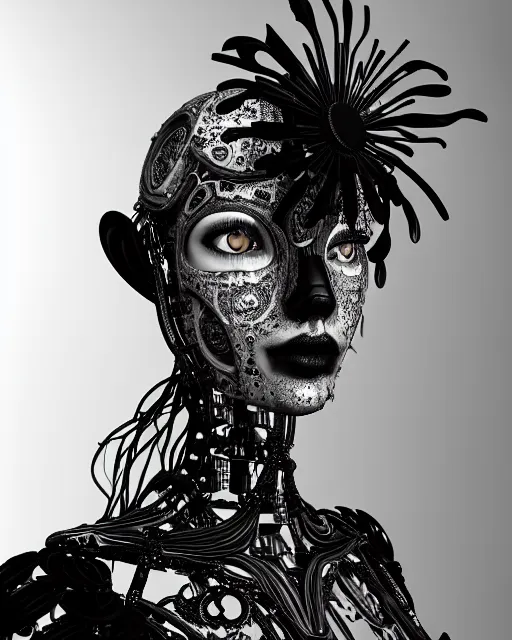 Image similar to black and white dreamy foggy smoky profile face portrait, one silver steampunk realistic eye biomechanical beautiful young female cyclope - cyborg - robot bust, body ribs meshes,, volumetric light, hibiscus flowers, by hg giger, rim light, by dora maar and cecile beaton, big gothic fashion pearl embroidered collar, 8 k