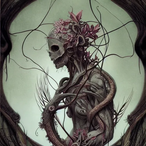 Prompt: centered horrific detailed side view profile portrait of the angel of death, ornamentation, thorns, vines, elegant, beautifully soft lit, full frame, by wayne barlowe, peter mohrbacher, kelly mckernan, h r giger