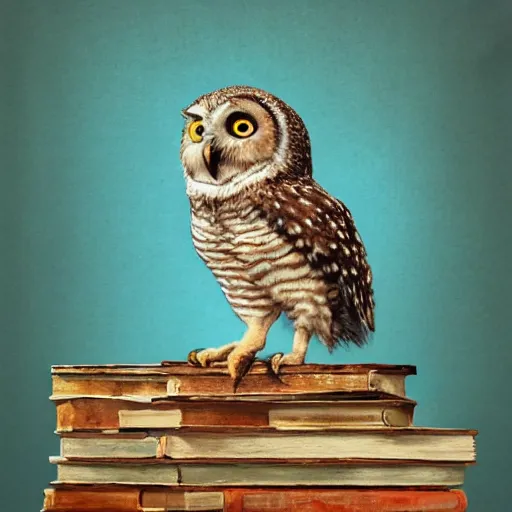 Image similar to long shot of a very cute young owl sitting on a pile of antique books, by esao andrews, by james jean, marc simonetti, humorous illustration, hyperrealistic, big depth of field, fresh colors, dim light, 3 d octane render conceptart, 4 k, hyperdetailed, trending on artstation