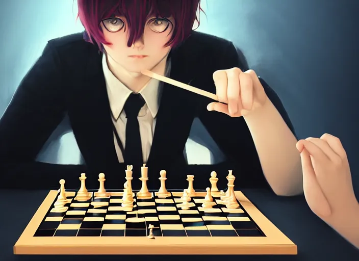 Image similar to a pale ilya kuvshinov playing chess, with golden eyes, straight sky blue hair, long bangs, black jacket, high collar, concept art, award winning photography, digital painting, cinematic, by wlop, anime key visual, wlop, 8 k, by ross tran, tom bagshaw, andy warhol