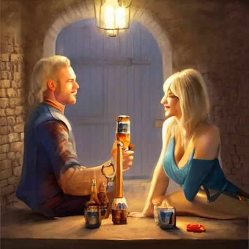 Prompt: blonde woman and Jango Fett drinking beer in a cellar, romantic, cozy, inviting, love, torches, painting by Vladimir Volegov