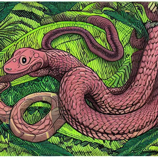 Prompt: anthropomorphic snake creature, with its upper body close to the one of a human, including chest and arms, while also having characteristics of a snake. lower part one big snake tail. drawn like a furry art piece, looking directly at the viewer, their eyes a multitude of colors. the background is an endless jungle.