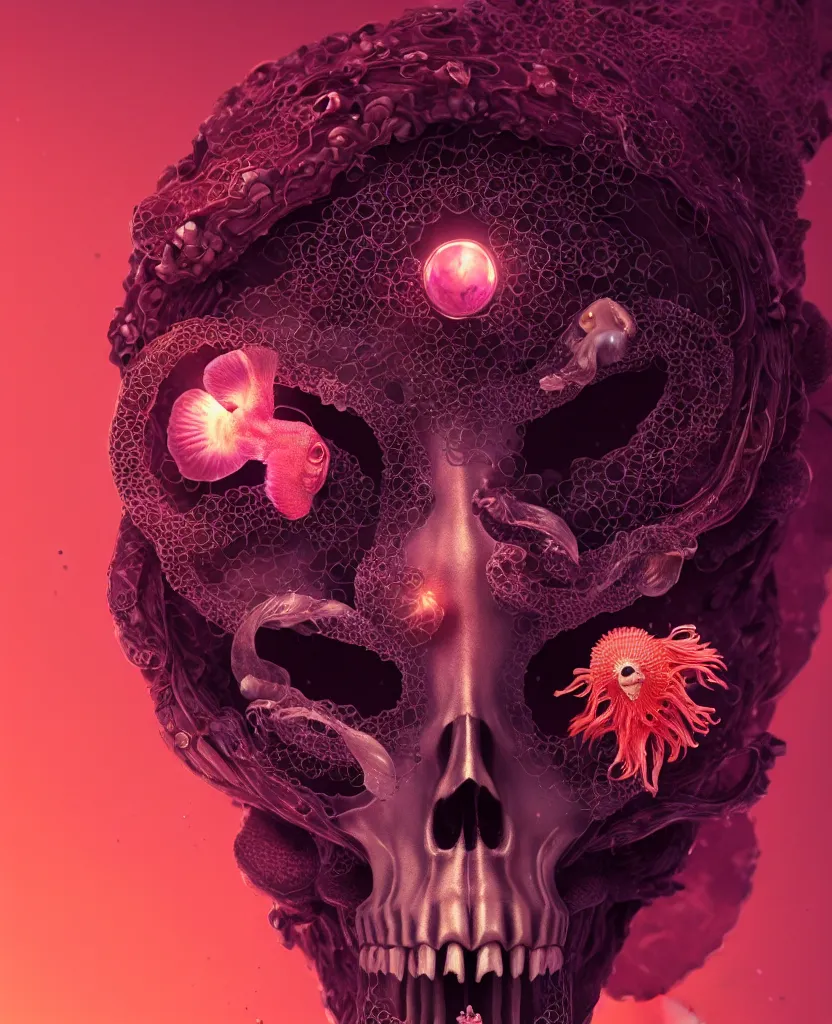 Image similar to goddess close-up portrait animal skull. jellyfish phoenix head, nautilus, orchid, skull, betta fish, bioluminiscent creatures, intricate artwork by Tooth Wu and wlop and beeple. octane render, trending on artstation, greg rutkowski very coherent symmetrical artwork. cinematic, hyper realism, high detail, octane render, 8k