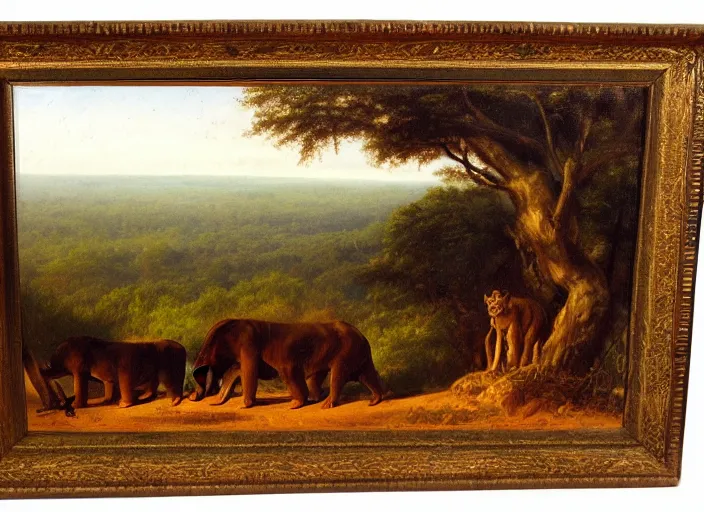Prompt: the border of the jungle and the savannah in africa in the style of hudson river school of art, oil on canvas