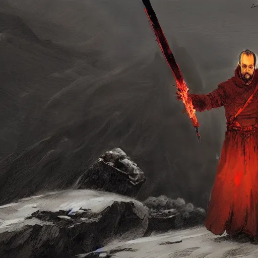 Image similar to stannis baratheon with a flaming sword in his hand standing on the edge of a cliff, artstation, jakub rozalski, mysterious, high detail