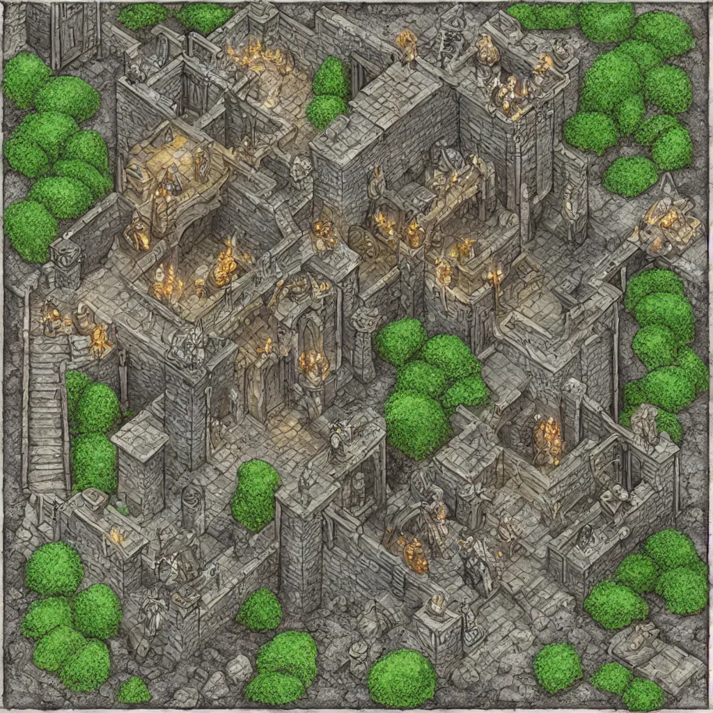 Image similar to tomb of elemental evil, isometric view, tileset, dungeons and dragons art by d. a. trampier, d & d tabletop miniature