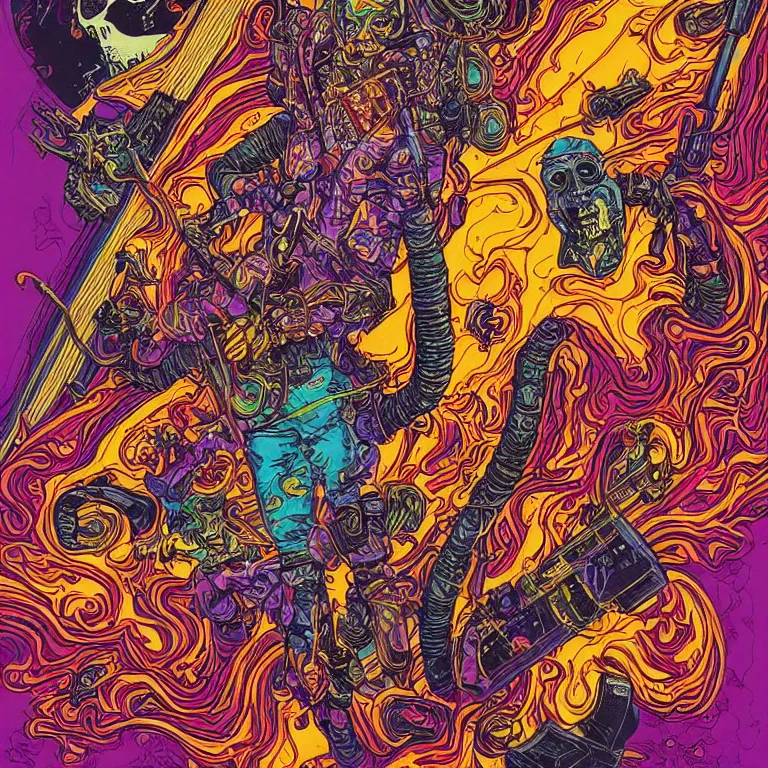 Prompt: beautiful colorful hyperrealist highly detailed psychedelic music poster'zombie ghostbuster ', psychedelic art nouveau, beautiful high contrast colored wood engraving, moebius comic style, shocking detail trending on artstation 8 k