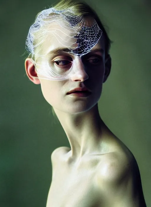 Image similar to Kodak Portra 400 of a beautiful woman, 8K, soft light, volumetric lighting, highly detailed, britt marling style 3/4 , fine art portrait photography by Paolo Roversi, face merging with opalescent pider, elegant bust and neck with intricate opalescent spiderwebs details, symbolic metamorphosis complex 3d render , 150 mm lens, art nouveau fashion embroidered, elegant, hyper realistic, ultra detailed, octane render, soft colours scheme, emotionally evoking, head in focus, fantasy, soft blur background light, volumetric lighting, highly detailed, Refined, Highly Detailed, fine art fashion magazine style, Hyper realistic, photo realistic