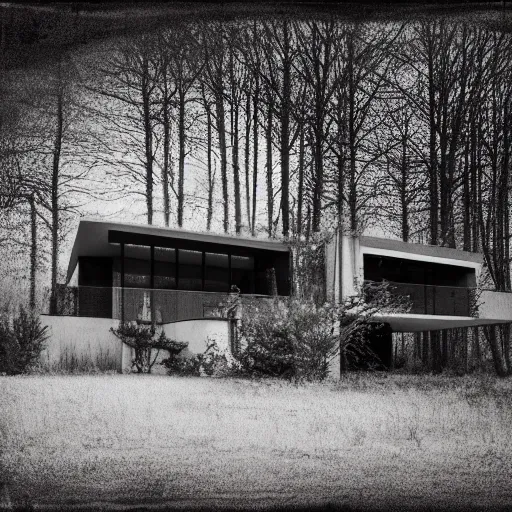 Prompt: modern house in the wood, big moon, artwork by William Blake, night, pinhole analogue photo quality, monochrome, blur, unfocus, cinematic, 35mm