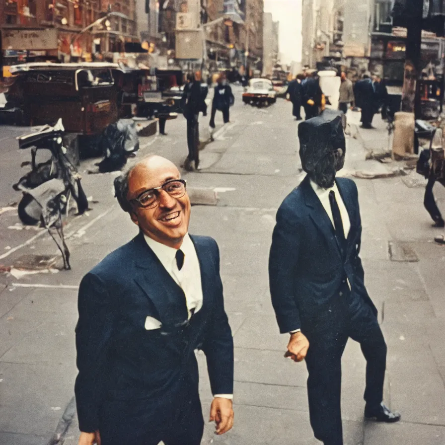 Image similar to portrait of a happy man in a suit in the streets of new york, 1 9 6 0 s, colour film street photography, photo taken with ektachrome, featured on flickr, photographed on damaged film