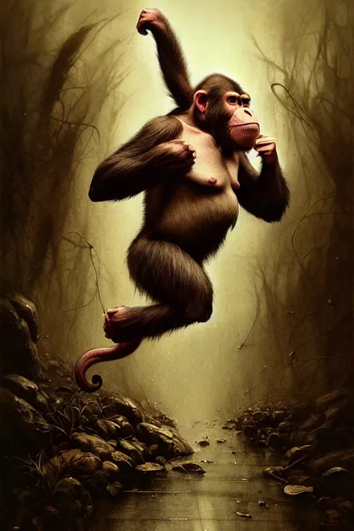 Image similar to furious ape running at me | esoteric symbolism | jean - baptiste monge, esao andrews, bastien lecouffe - deharme, tim jacobus, ken currie | ultra - detailed realism, soft cinematic lighting, hi - fructose, artstation, high - quality, ink watercolors wes anderson poster art