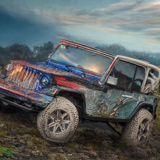 Image similar to a muddy 1997 hardtop white Jeep Wrangler drowning in quicksand, digital art, beautiful iridescent fog swallows the dirty swamp, gritty, cinematic, extraordinary colorful landscape, photorealistic, soft vintage glow