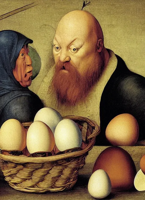 Image similar to carton of eggs with silly round humpty dumpty jack black facial expressions, realistic, by hieronymus bosch and pieter brueghel