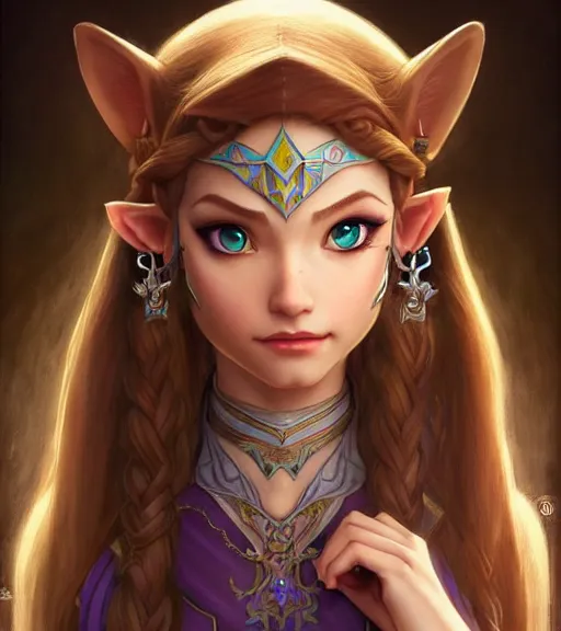 Prompt: portrait of disney zelda twilight princess!!!!!, intricate, elegant, highly detailed, digital painting, artstation, concept art, smooth, sharp focus, illustration, art by artgerm and greg rutkowski and alphonse mucha and uang guangjian and gil elvgren and sachin teng and wlop, symmetry!!