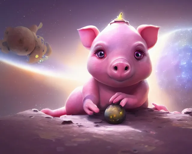 Image similar to 3D Fantasy Cute and adorable space piglet , huge adorable eyes, bright stars, Smooth 3D Illustration, soft render, Servando Lupini, Daniil Kudriavtsev, handpaint texture, Blender, 3DCoat