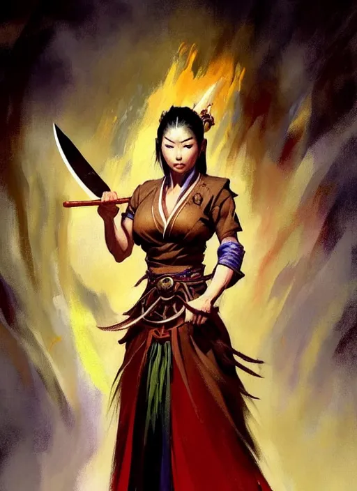 Image similar to magic : the gathering fantasy character concept art by frank frazetta and marco bucci, high resolution. a clear portrait of a stunning female south korean chef, wearing a beautiful hanbok apron, holding a kitchen knife, radiating powerful energy in the background, south korean vibes, fantasy coloring, intricate, digital painting, artstation, smooth, sharp focus