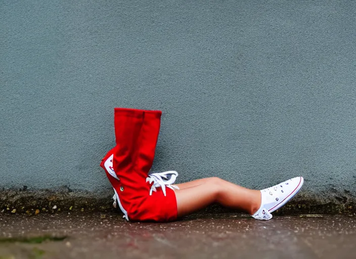 Prompt: side view of the legs of a woman hook sitting on the ground by a curb, very short pants, wearing red converse shoes, wet aslphalt road after rain, blurry background, sigma 8 5 mm