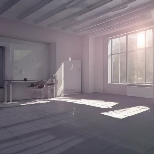Image similar to a white empty pink office with sun rays looming down, with a pool inside, dynamic lighting, photorealistic concept art, trending on art station, stunning visuals, creative, cinematic, ultra detailed, ray tracing