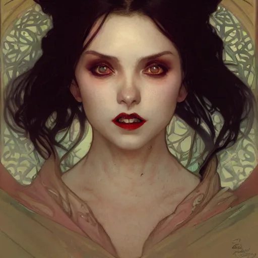 Prompt: portrait of a beautiful vampire by Stanley Artgerm Lau , greg rutkowski, thomas kindkade, alphonse mucha, loish, norman rockwell, J. C. Leyendecker. Trending on artstation rule of thirds detailed illustration hd 4k