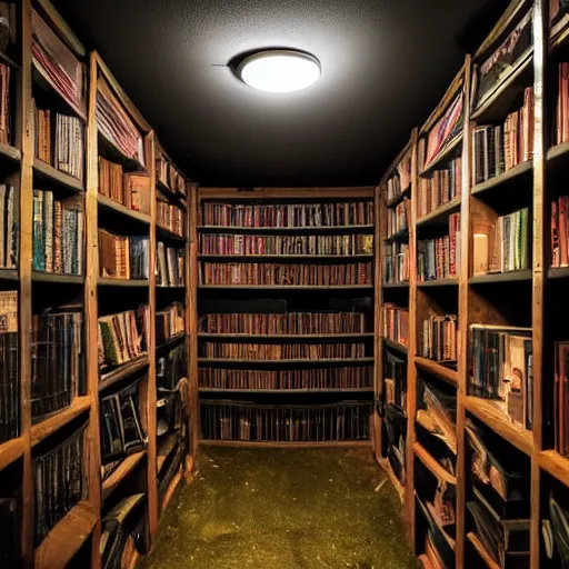 Prompt: Hard to see dark gloomy shadowy midnight crypt room with bookshelves. Dimly lit nighttime imagery