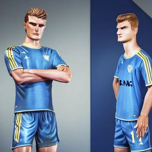 Image similar to a realistic detailed photo of a guy who is an attractive humanoid who is half robot and half humanoid, who is a male android, soccer players martin ødegaard & timo werner, shiny skin, posing like a statue, blank stare, in a factory, on display, showing off his muscles, gold soccer shorts, side view, looking at each other mindlessly