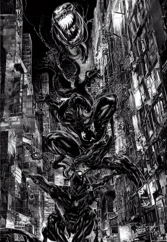 Image similar to venom in a new york alley at night by lee bermejo and simon bisley