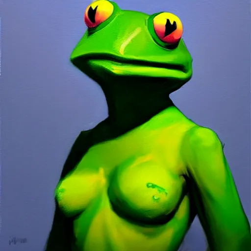 Image similar to Greg Manchess portrait painting of a Kermit the frog as Overwatch character, medium shot, asymmetrical, profile picture, Organic Painting, sunny day, Matte Painting, bold shapes, hard edges, street art, trending on artstation, by Huang Guangjian and Gil Elvgren and Sachin Teng