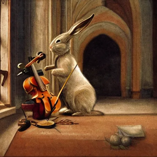 Image similar to a rabbit playing violin inside a church, in the style of carl larsson