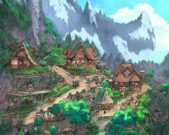Image similar to mountain overseeing fantasy village next to a forest, studio ghibli style, hayao miyazaki, award winning photograph, highly detailed, artstation