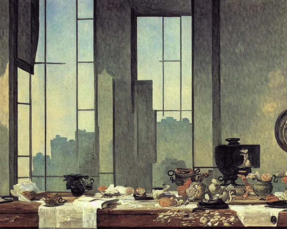 Prompt: achingly beautiful painting of a sophisticated, well - decorated stovetop on warm background by rene magritte, monet, and turner. giovanni battista piranesi.