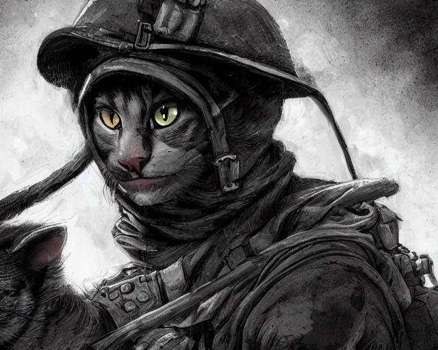 Image similar to A cat as a soldier in a world war 1 trench, close-up, black and white, amazing digital art, hyper detailed, artstation, in the style of Tony Sart